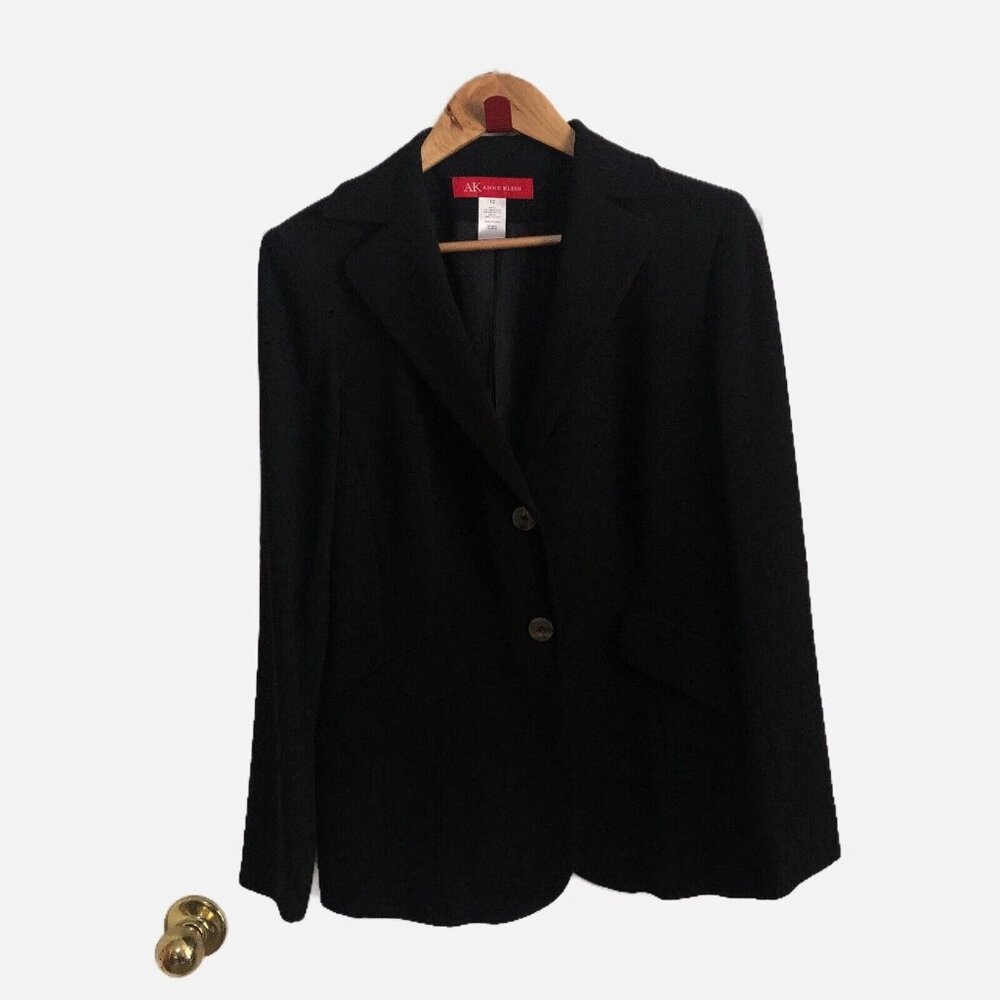 Anne Klein Women Black Collared Button Front Fully Line Jacket Size 12 New